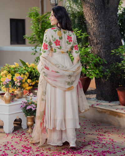 Harsinghar Beige Handpainted Viscose Organza Suit Set