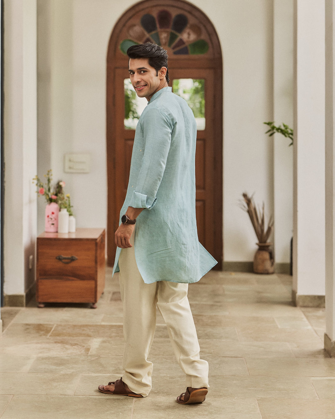 Zevran Blue Handpainted Silk Kurta