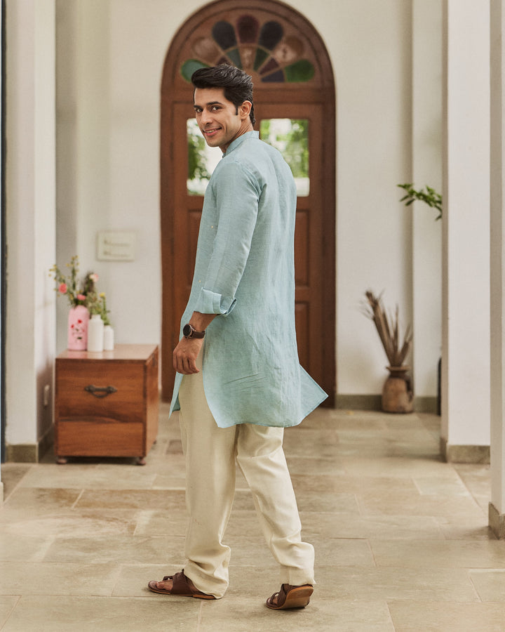 Zevran Blue Handpainted Silk Kurta