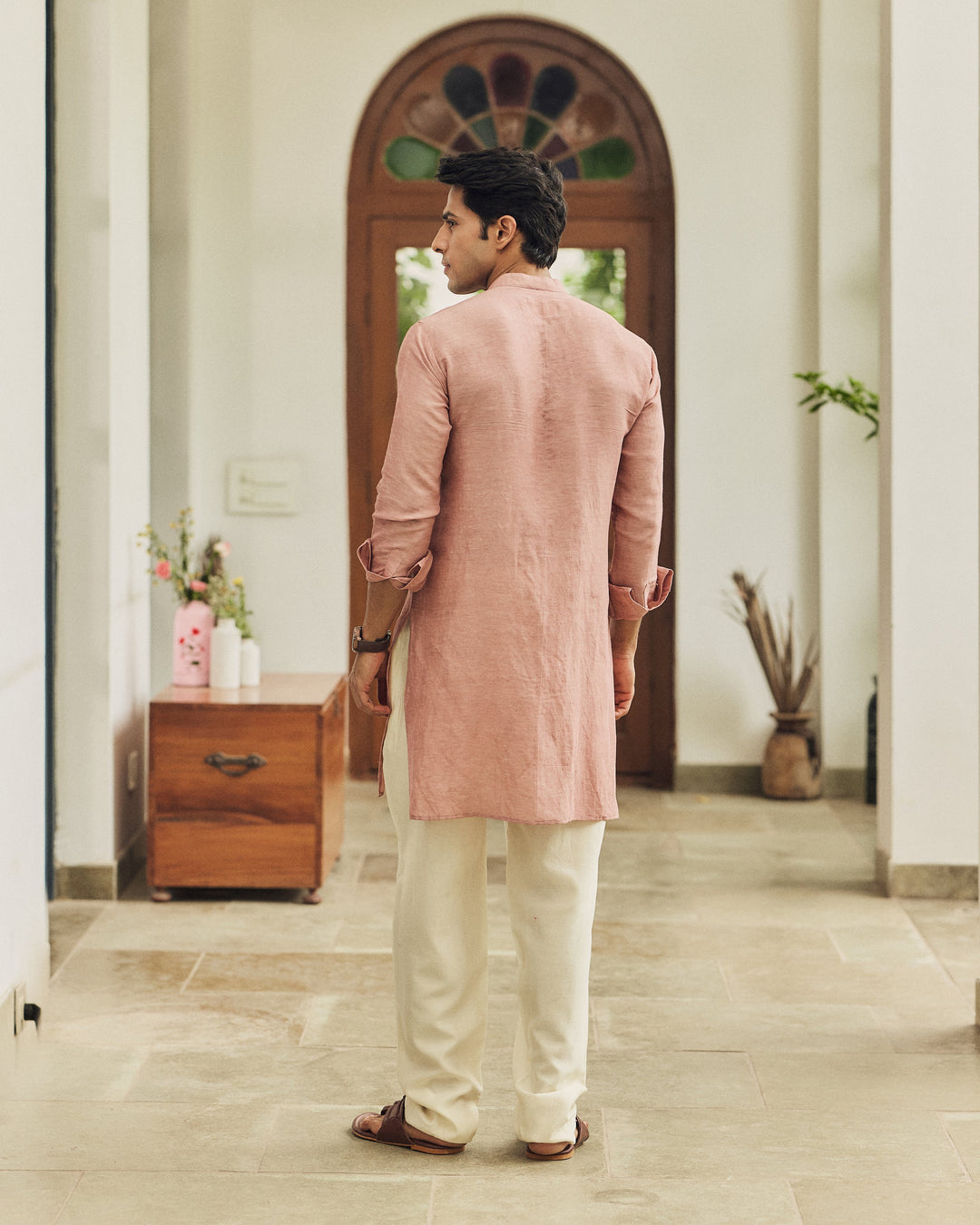 Rishan Peach Handpainted Silk Kurta