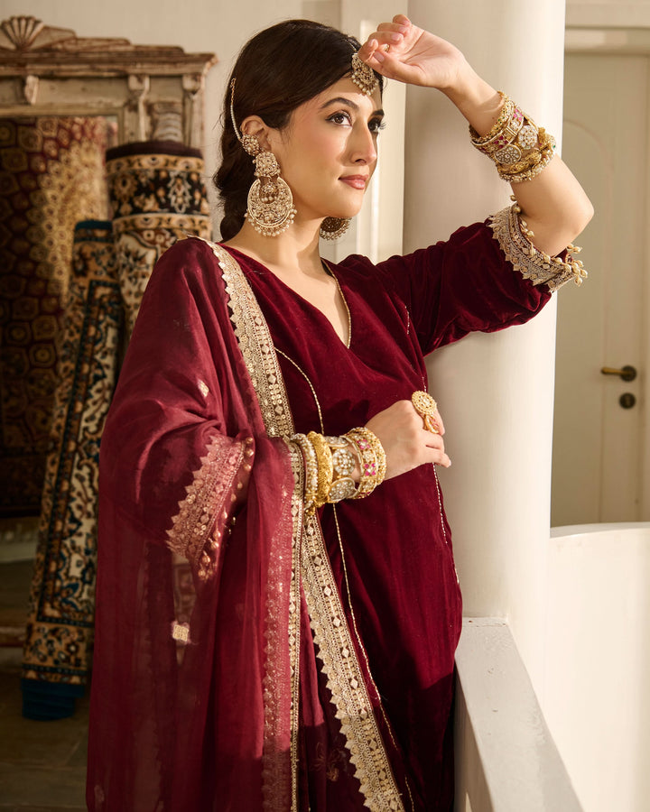 Jack Maroon Embroidered Velvet Suit Set