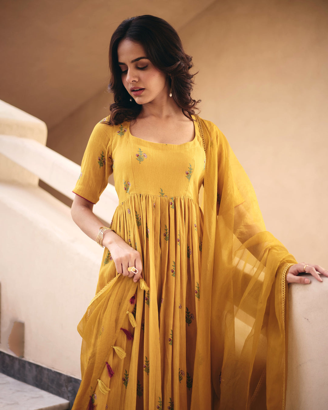 Zina Mustard Cotton Crush Printed Suit Set
