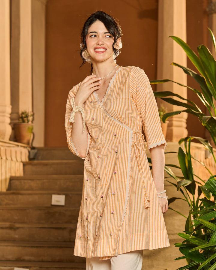 Manon Orange Printed Cotton Stripes Kurta Set