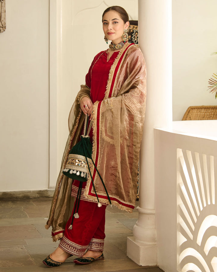 Saya Red Embroidered Velvet Suit Set