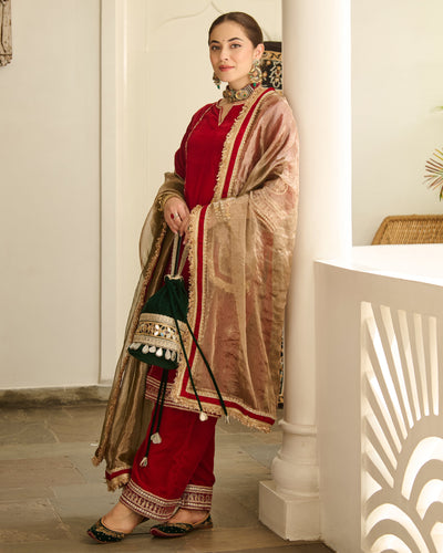Saya Red Embroidered Velvet Suit Set