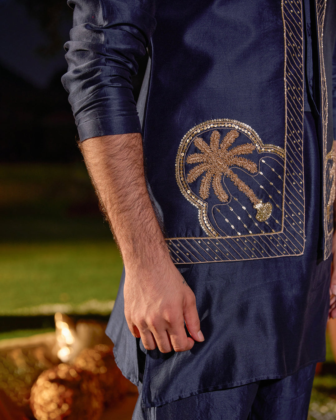 Vishnu Navy Chanderi Embroidered Jacket And Kurta Set