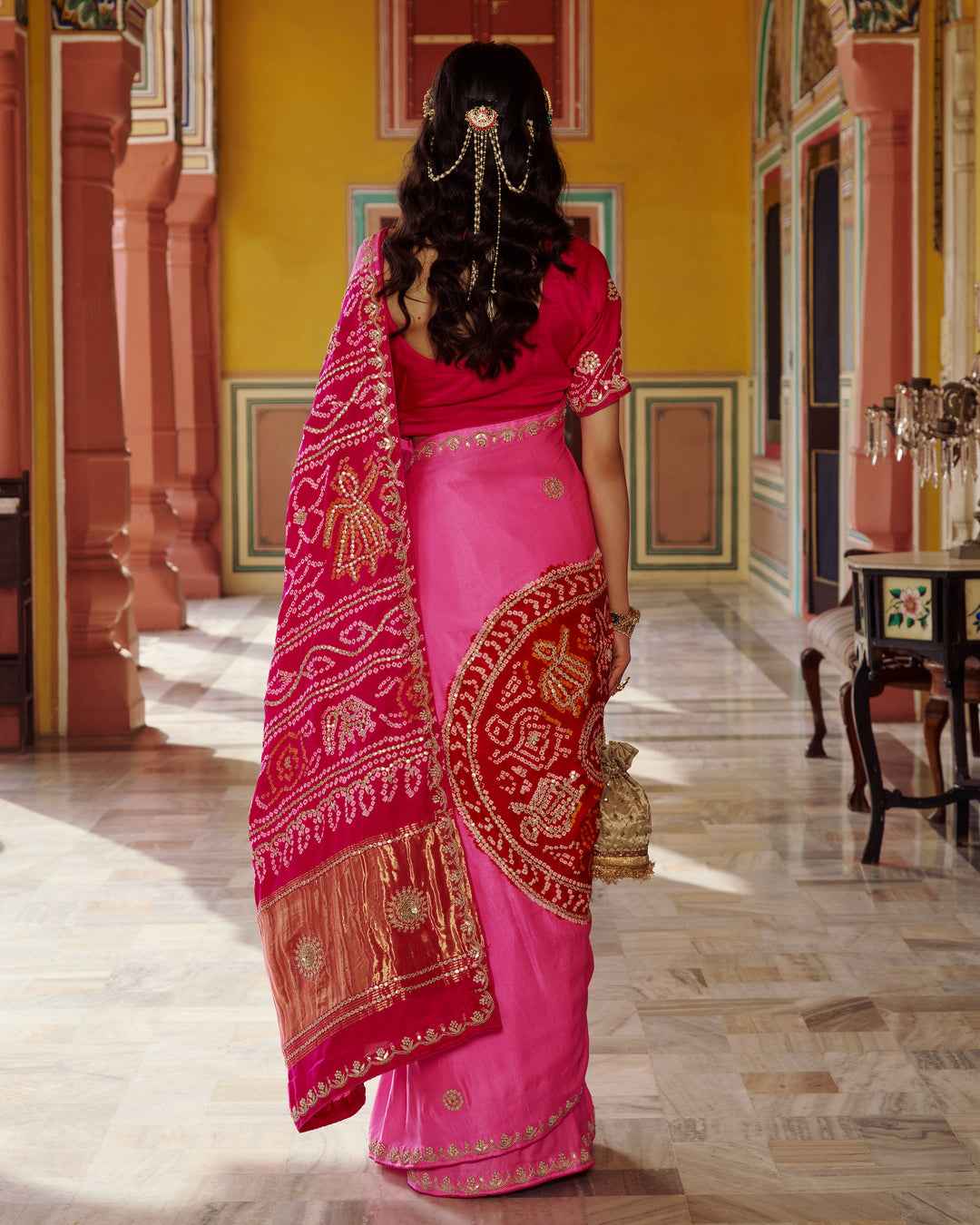 Boond Pink Embroidered Kajol Bandhej Silk Saree