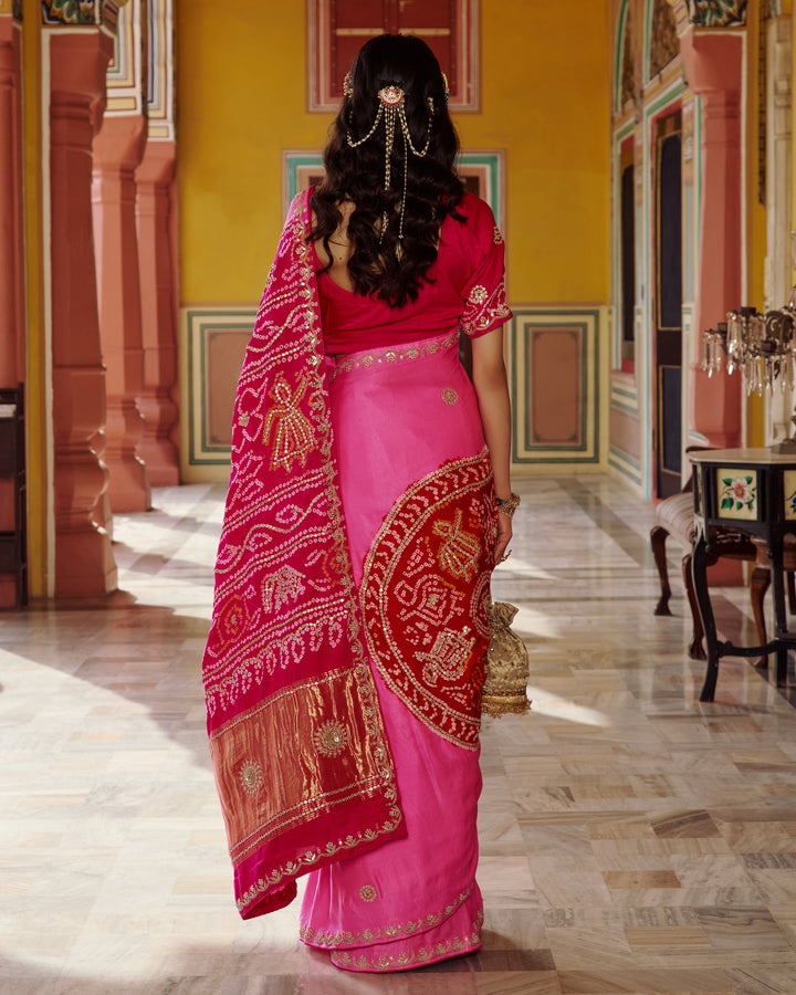 Boond Pink Embroidered Kajol Bandhej Silk Saree