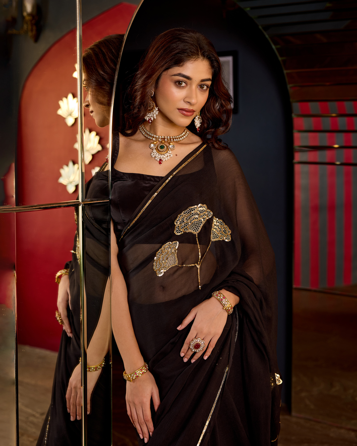 Kanti Black Handcrafted Chiffon Saree