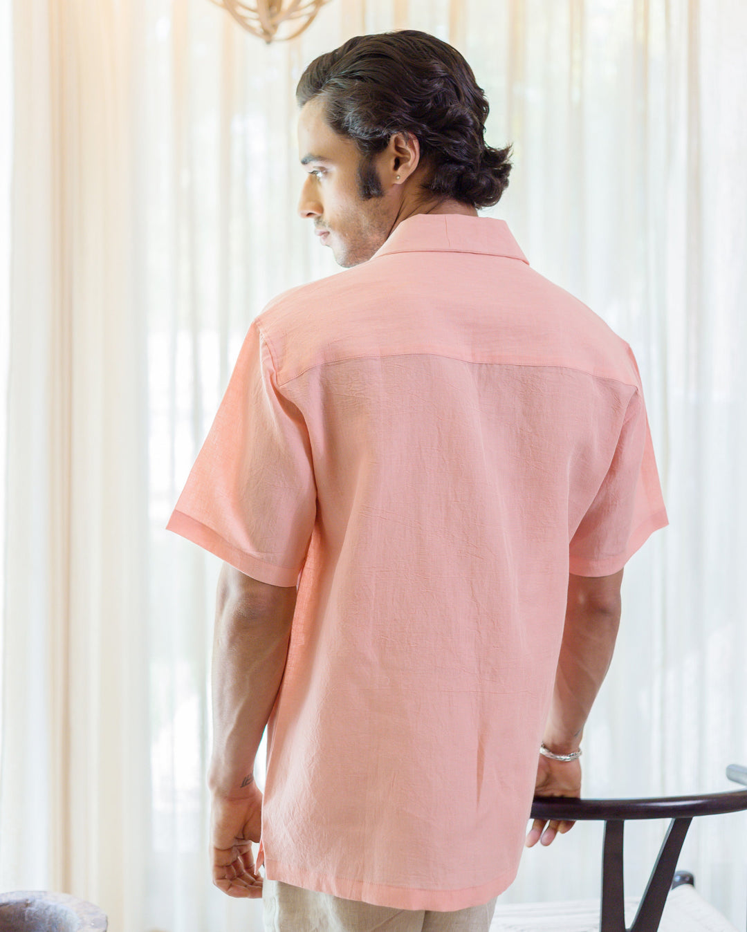 Zevic Almond Peach Cotton Flex Solid Shirt