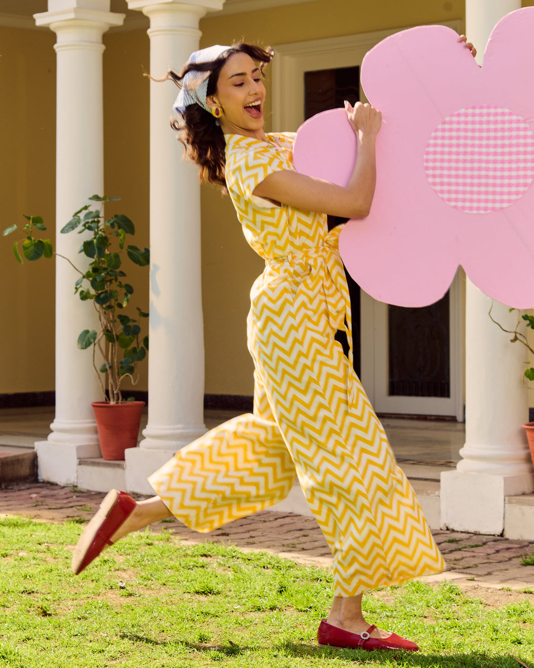Ella Yellow Embroidered Cotton Printed Jumpsuit