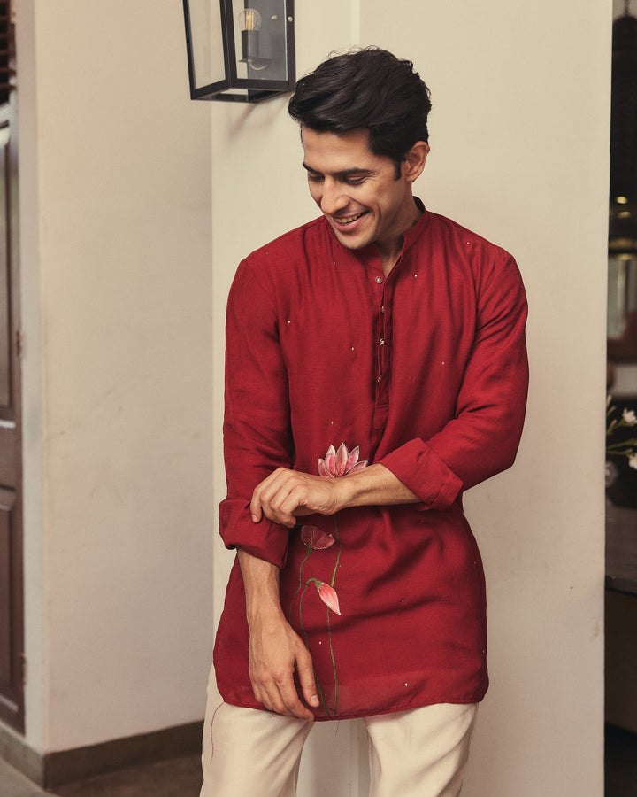 Kaevan Maroon Handpainted Tabby Checks Kurta
