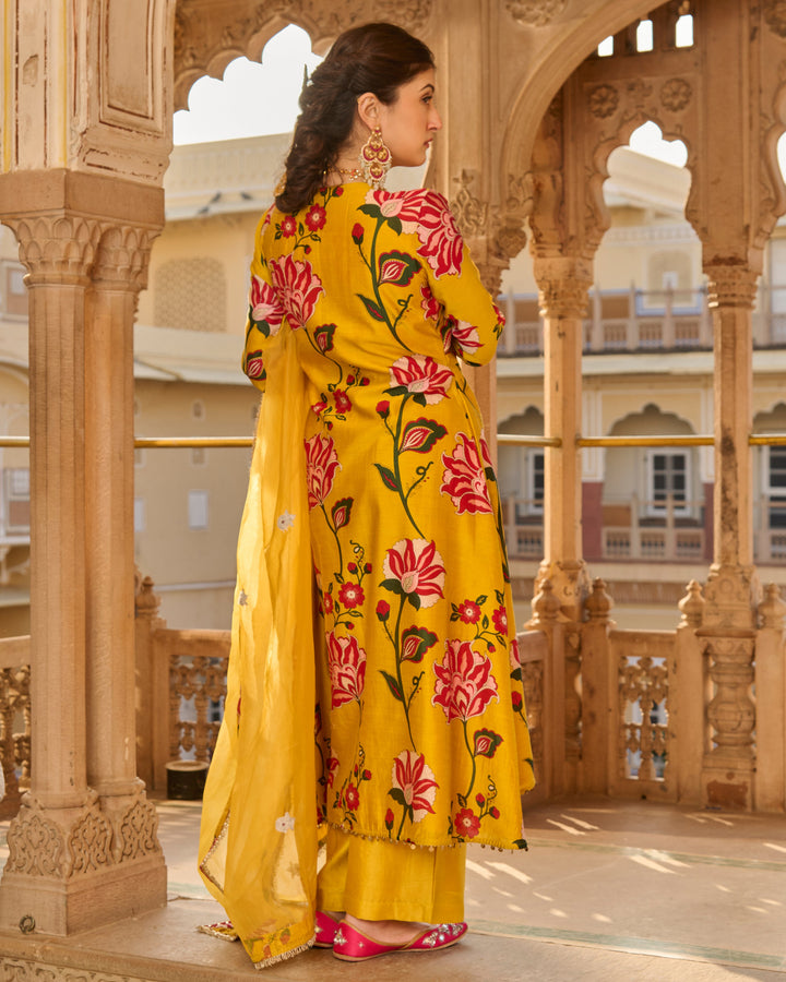 Sana Mustard Printed Chanderi Suit Set