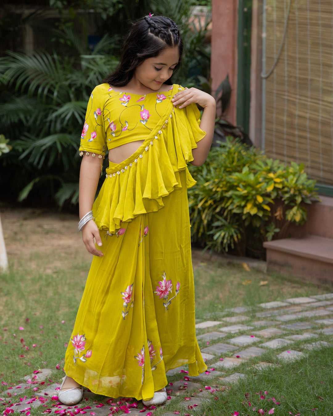 Petunia Lime Handpainted Georgette Pre Draped Saree