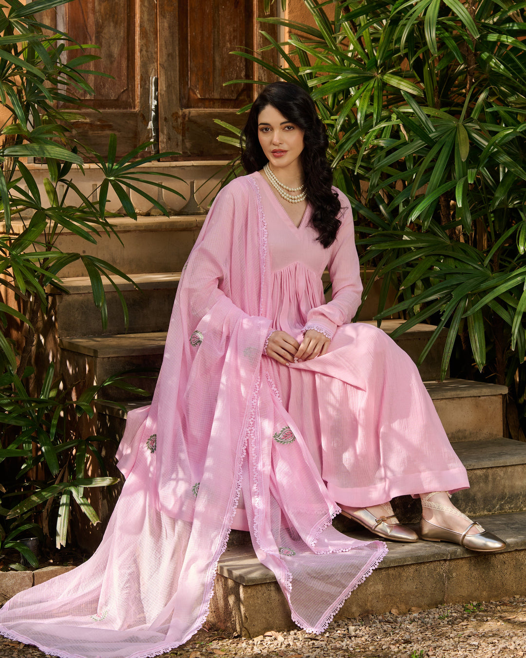 Pero Light Pink Embroidered Cotton Crush Suit Set