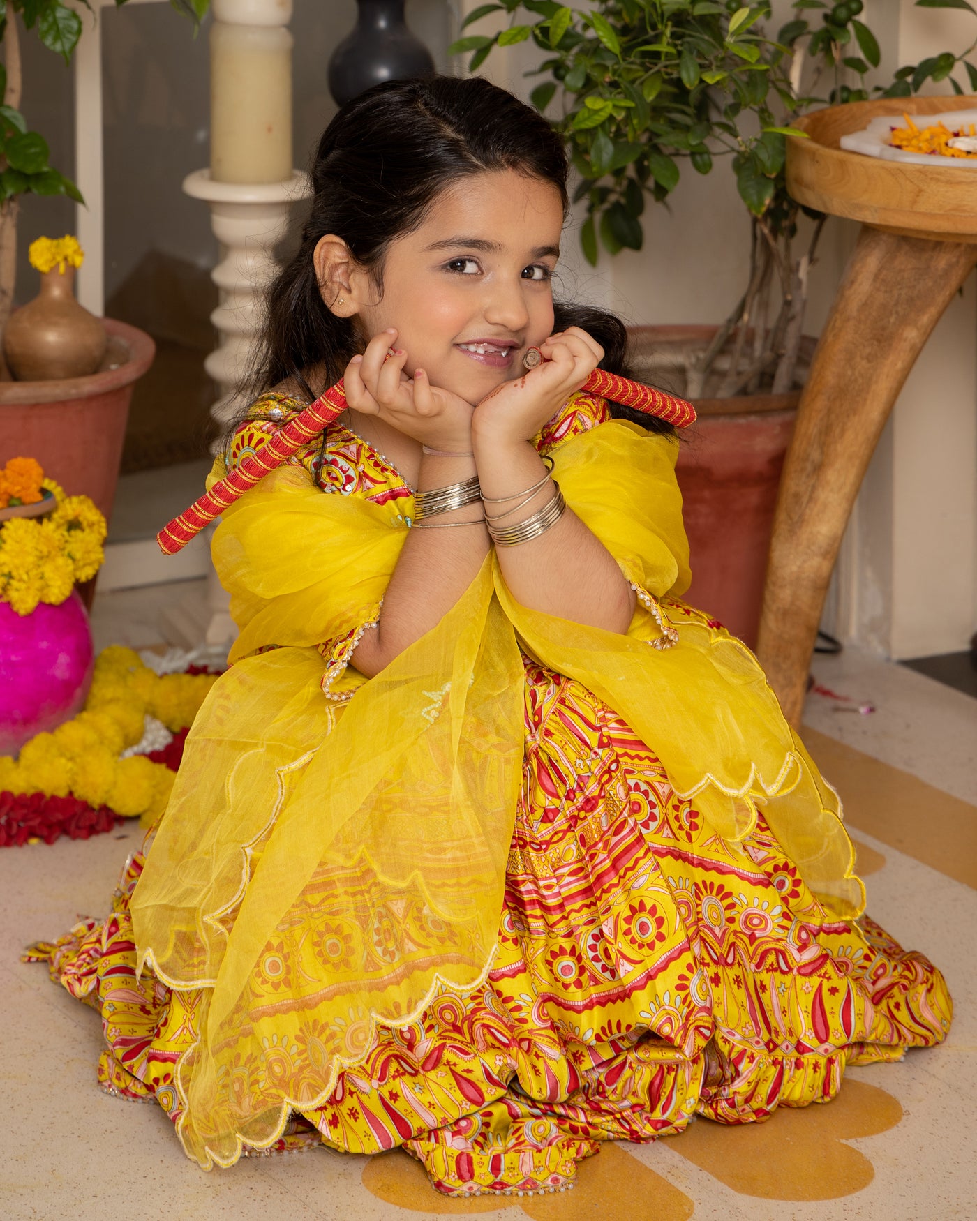 Hipsa Yellow Printed Chanderi Lehenga Set