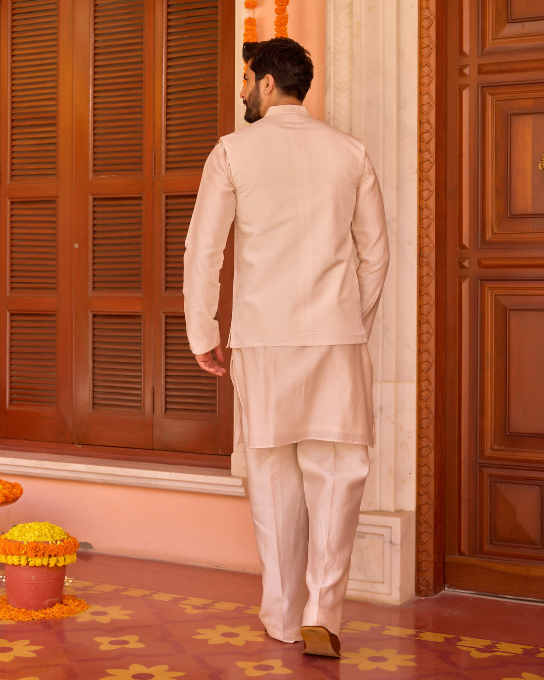 Geet Off-White Chanderi Embroidered Jacket And Kurta Set