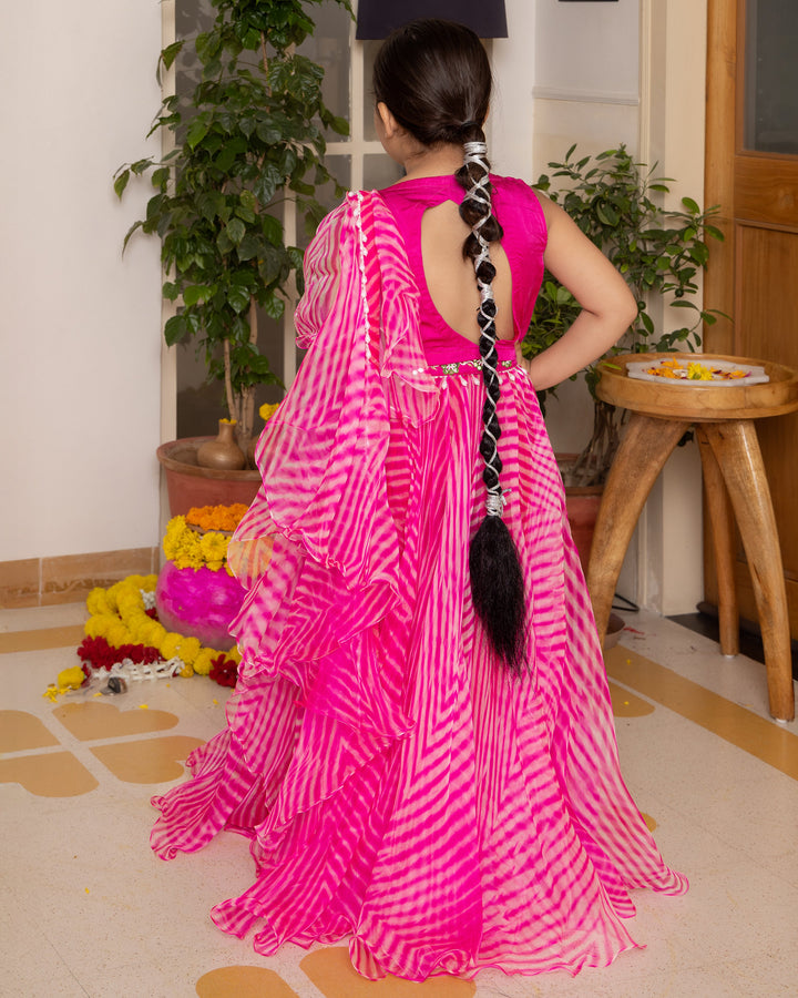 Mishti Pink Leheriya Organza Lehenga Set