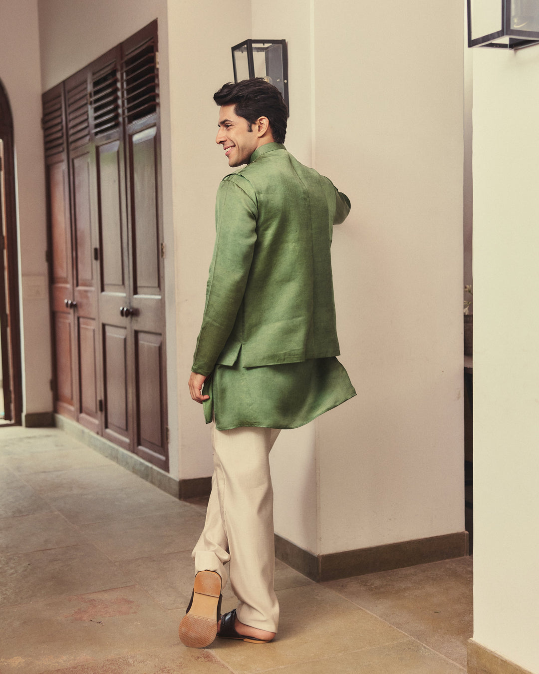 Aadvik Olive Handpainted Silk Jacket And Kurta Set