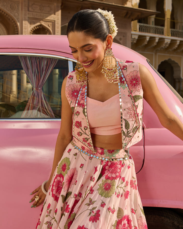 Noble Light Pink Printed Viscose Organza Lehenga Set
