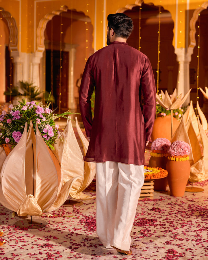 Shreyas Maroon Chanderi Embroidered Kurta