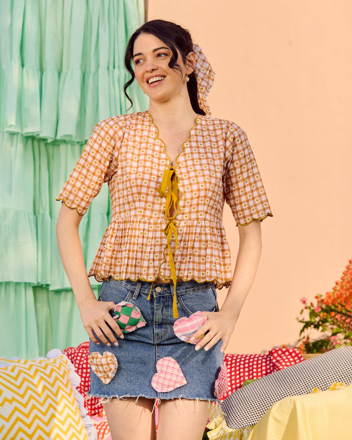 Ante Brown Cotton Checks Printed Top
