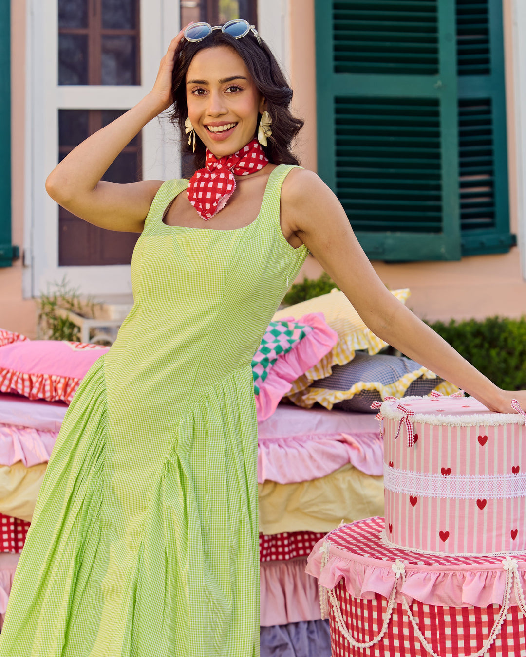 Elloise Lime Green Cotton Checks Dress