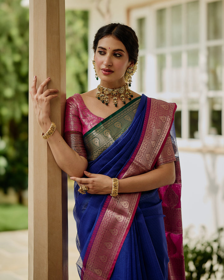 Regal Blue Pink Doria Butta Border Saree