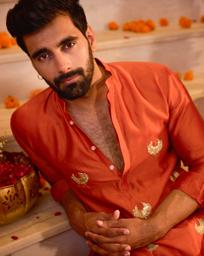Ratnav Orange Embroidered Chanderi Kurta