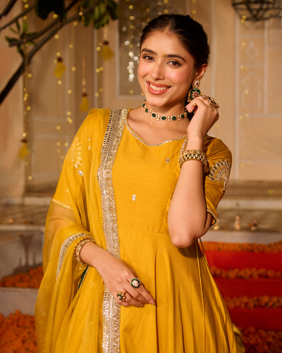 Noorani Yellow Solid Chanderi Suit Set