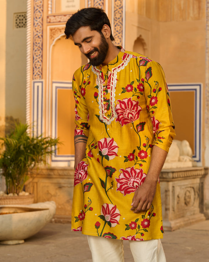 Arjun Mustard Printed Chanderi Kurta