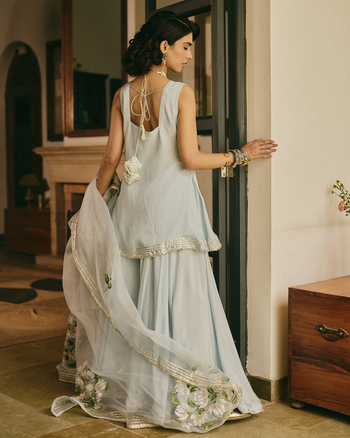 Varnali Blue Handpainted Chinon Suit Set