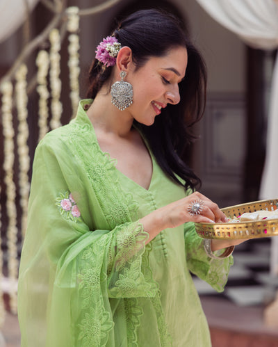 Neo Green Embroidered Chanderi Suit Set