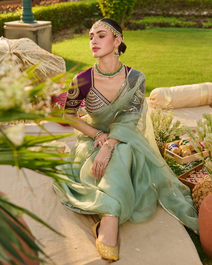 Surmayi Purple Embroidered Satin Aangi Blouse And Saree