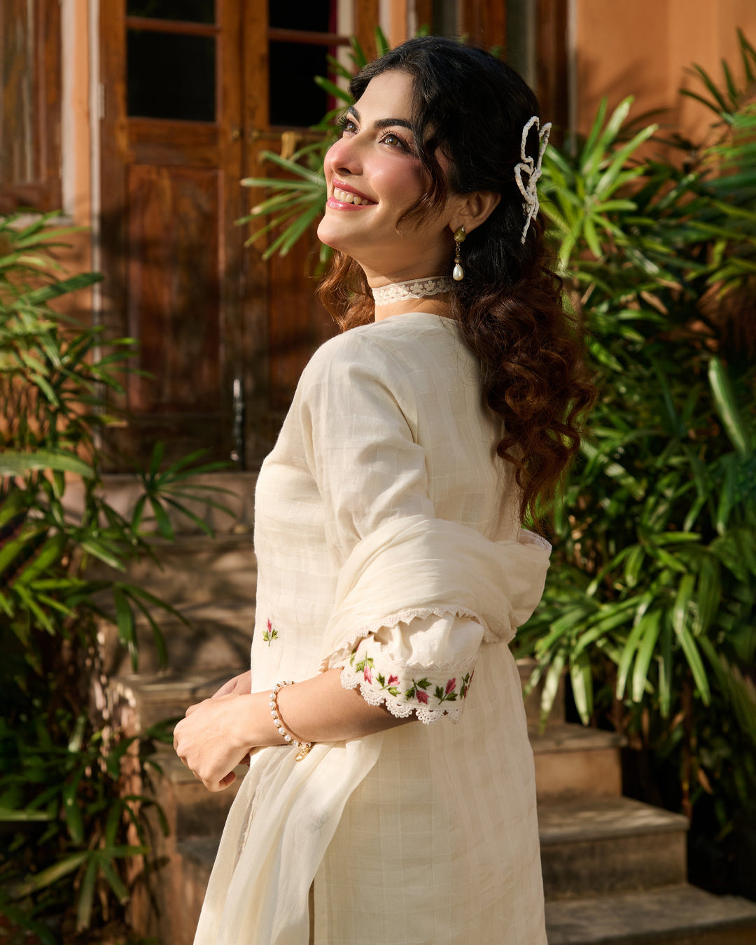 Vayu Off White Embroidered Cotton Checks Suit Set
