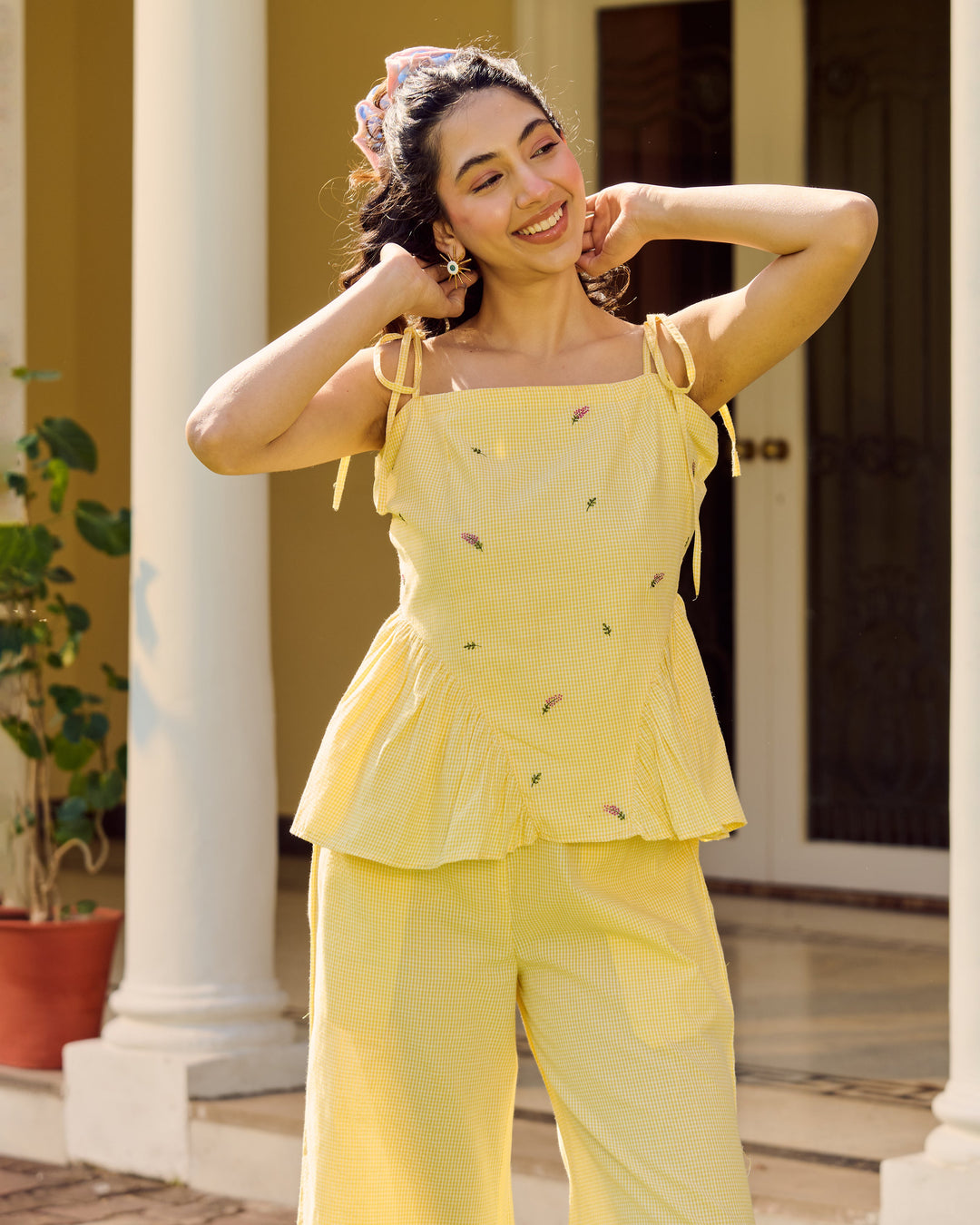 Leah Yellow Embroidered Cotton Checks Printed Coord Set