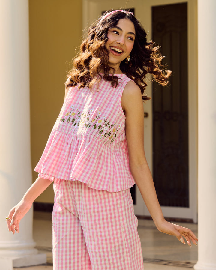 Darina Pink Embroidered Cotton Checks Coord Set