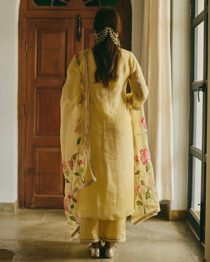 Varnaya Yellow Handpainted Viscose Organza Suit Set