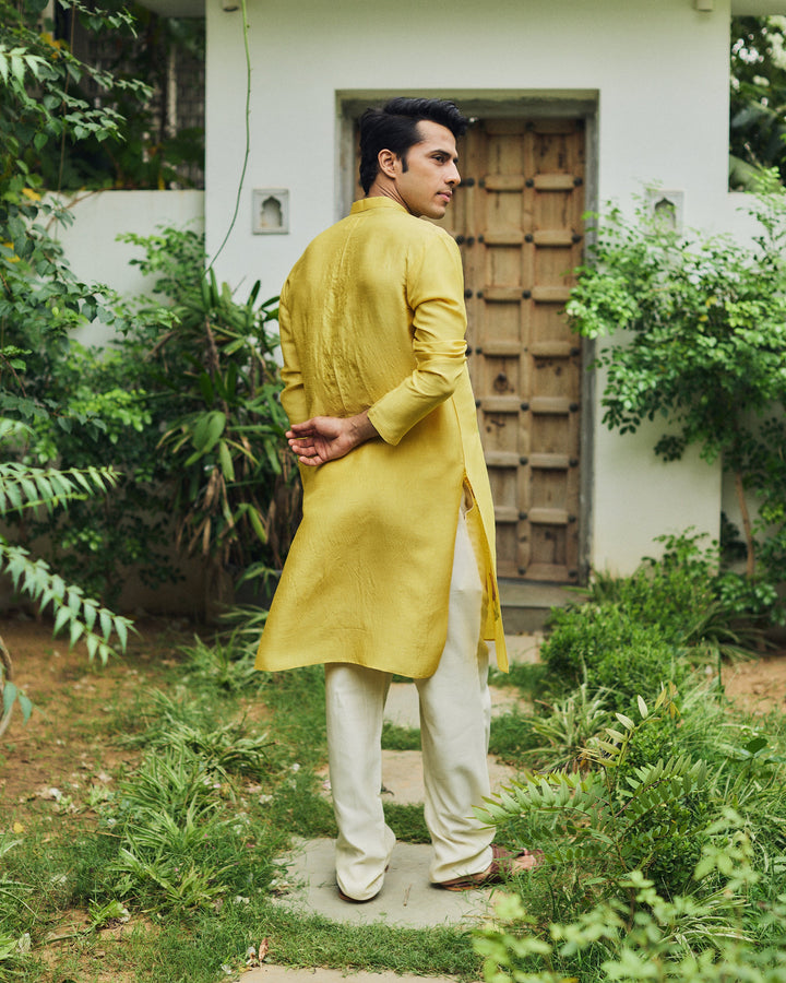 Aurev Yellow Handpainted Silk Kurta