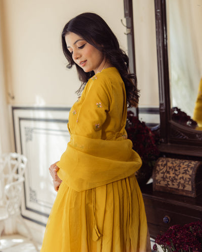 Sunny Mustard Ombre Embroidered Chanderi Suit Set