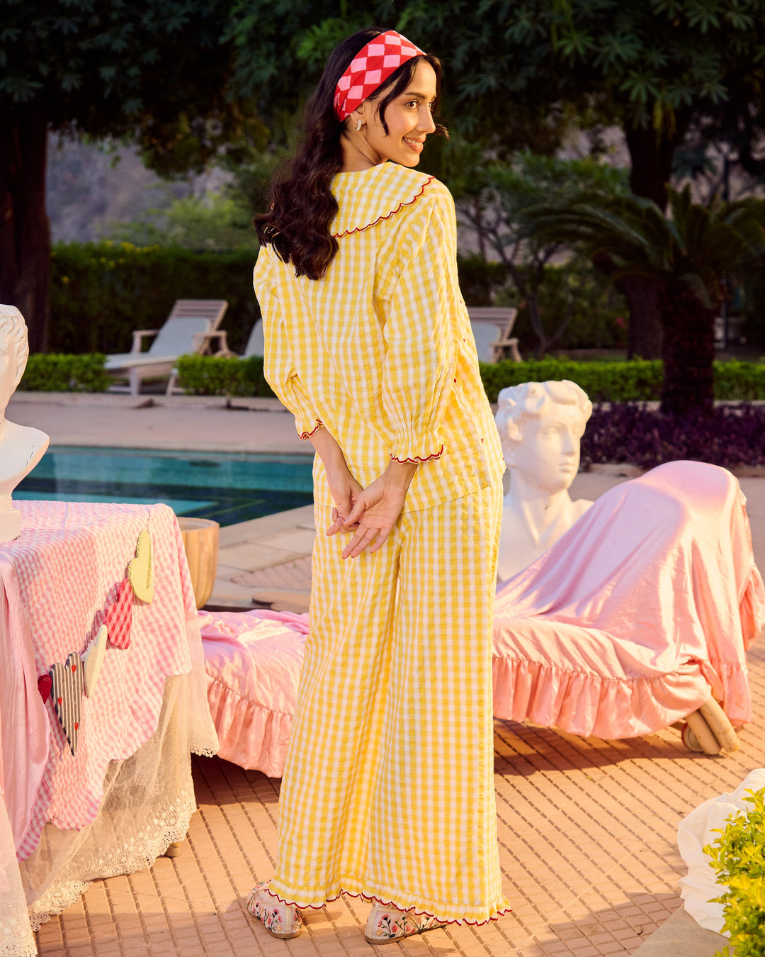 Bianca Yellow Embroidered Cotton Checks Loungewear