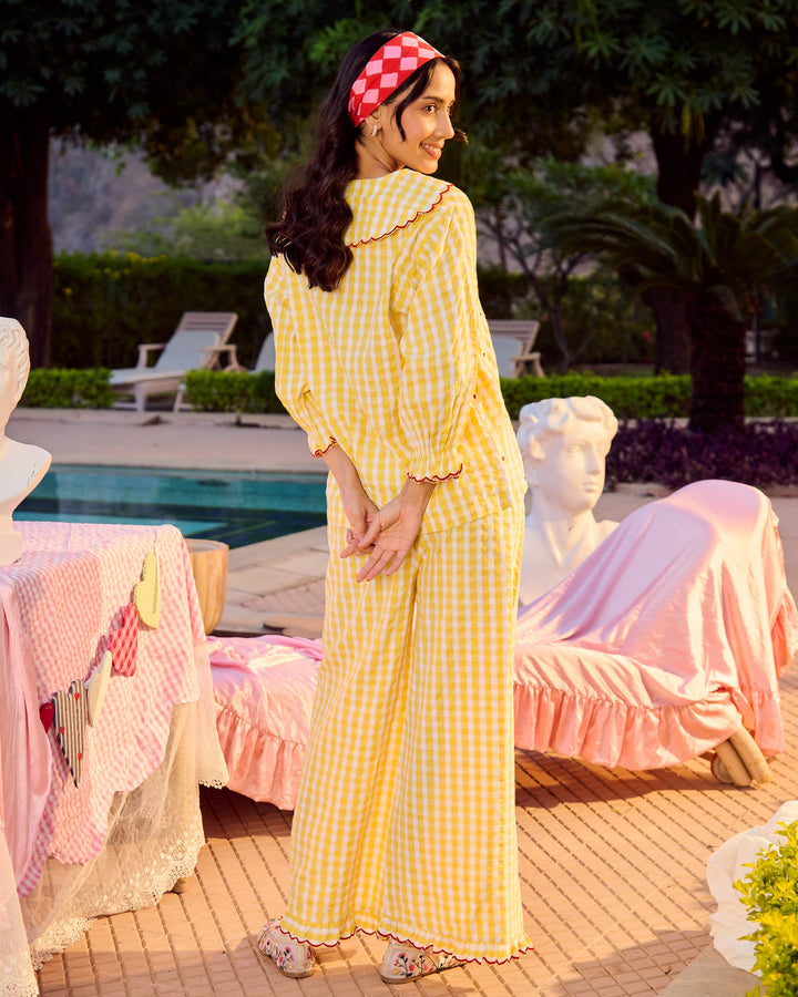 Bianca Yellow Embroidered Cotton Checks Loungewear