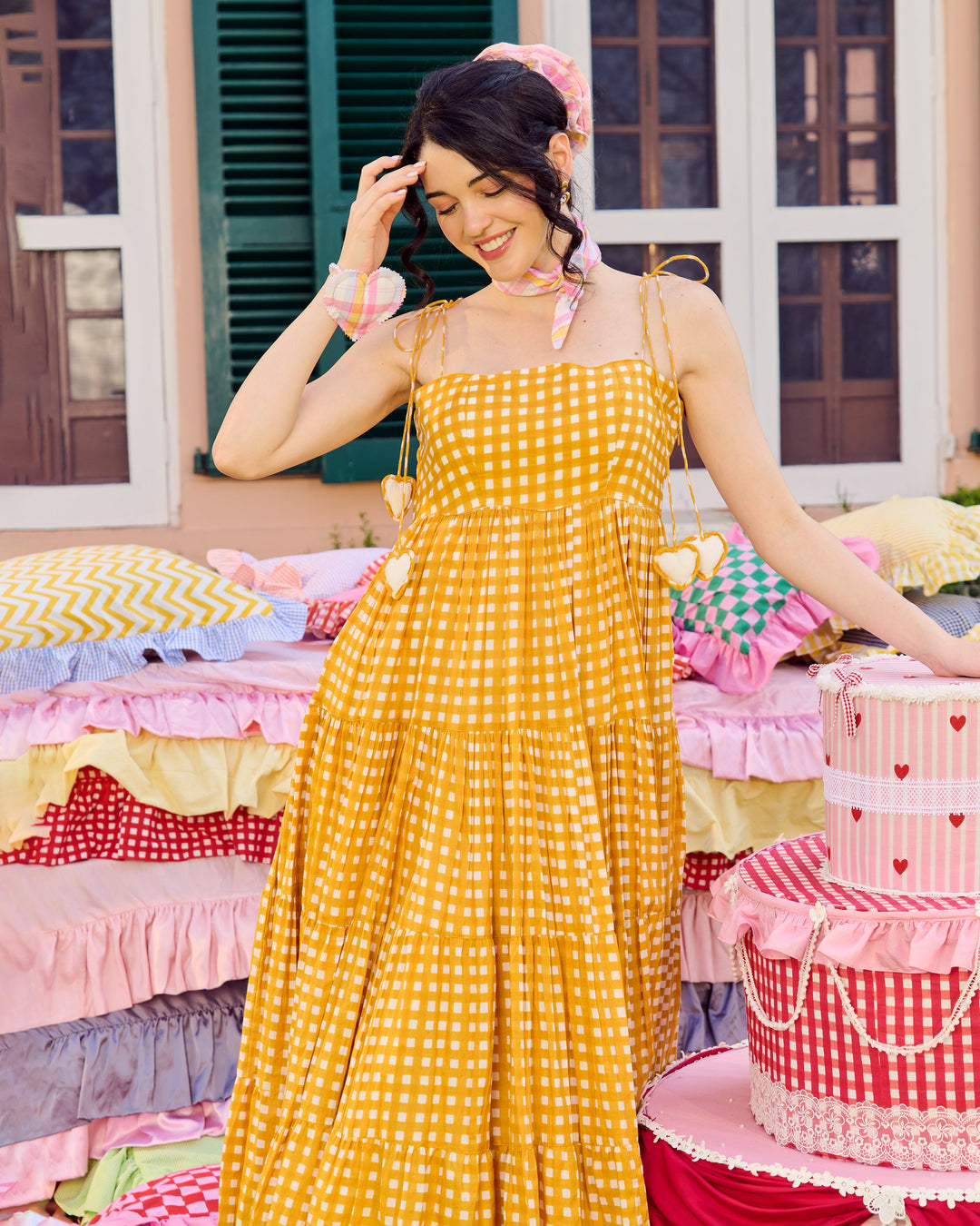 Ulfat Mustard Cotton Checks Printed Dress