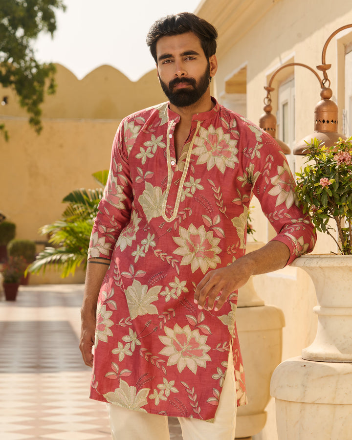 Kshitij Mauve Printed Chanderi Kurta