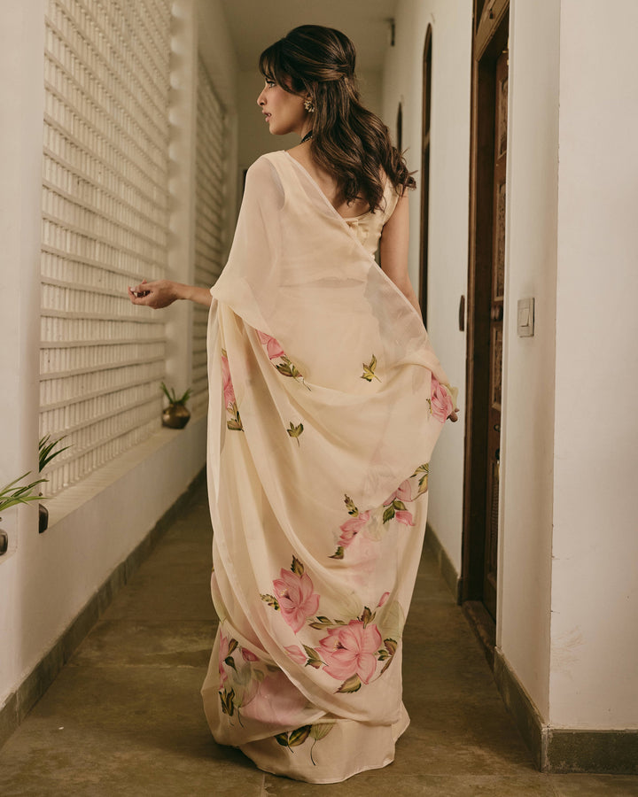 Mallika Peach Handpainted Chiffon Saree