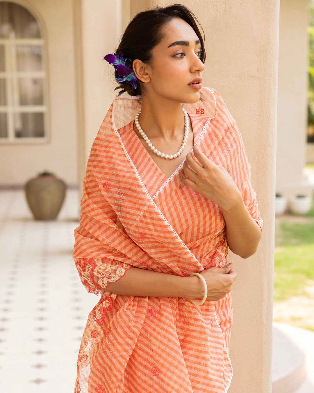 Raya Peach Doria Embroidered Saree