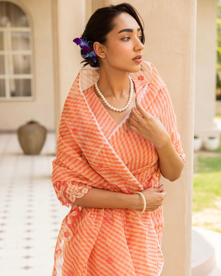 Raya Peach Doria Embroidered Saree