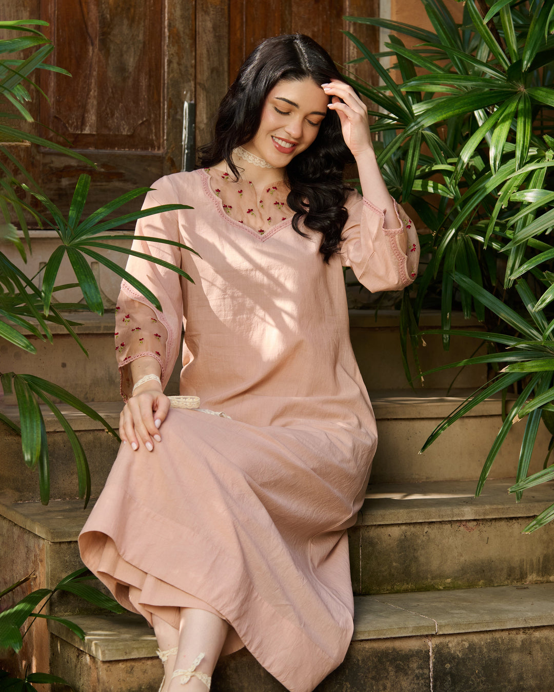 Zeena Peach Embroidered Cotton Kurta Set