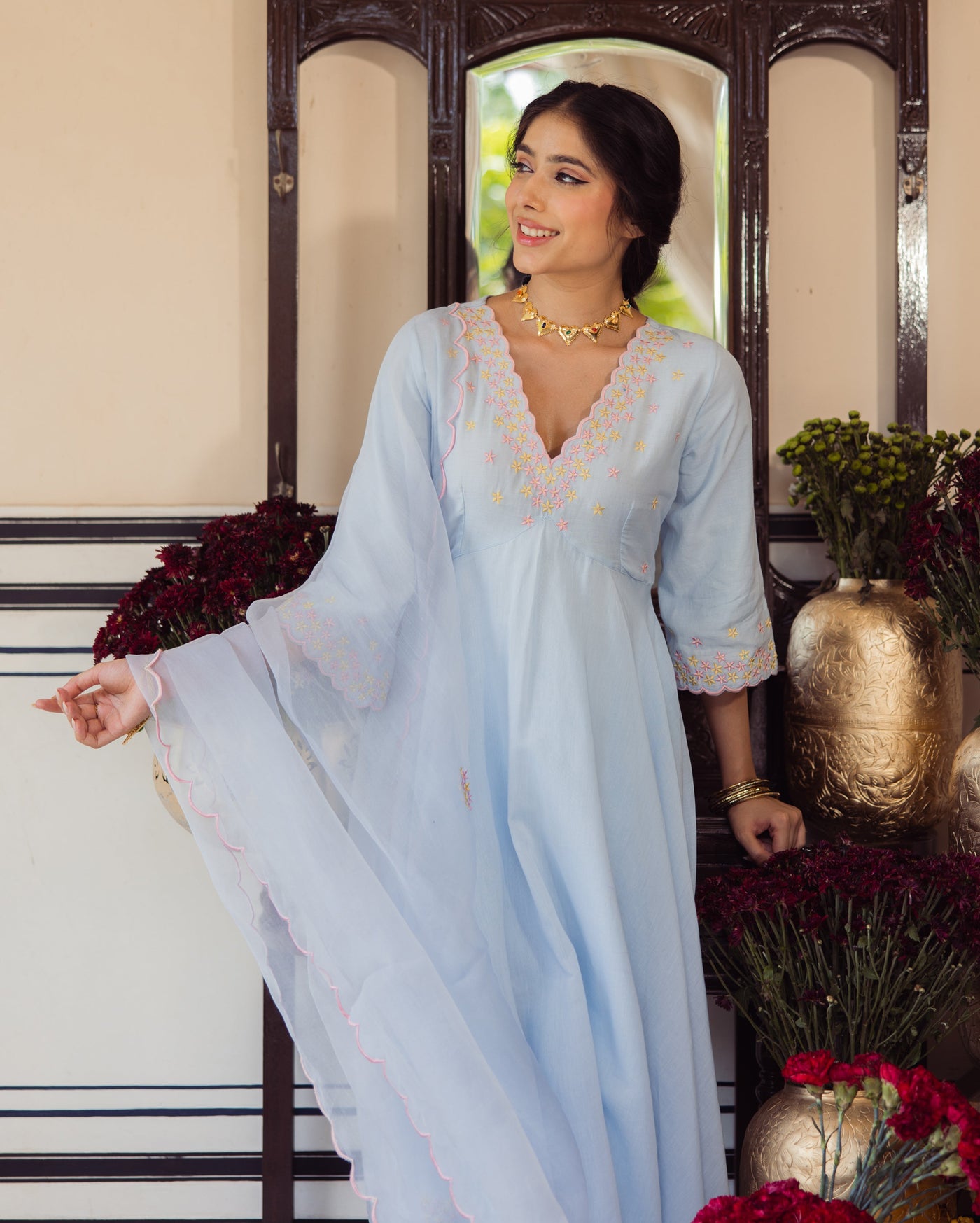 Star Blue Embroidered Cotton Suit Set