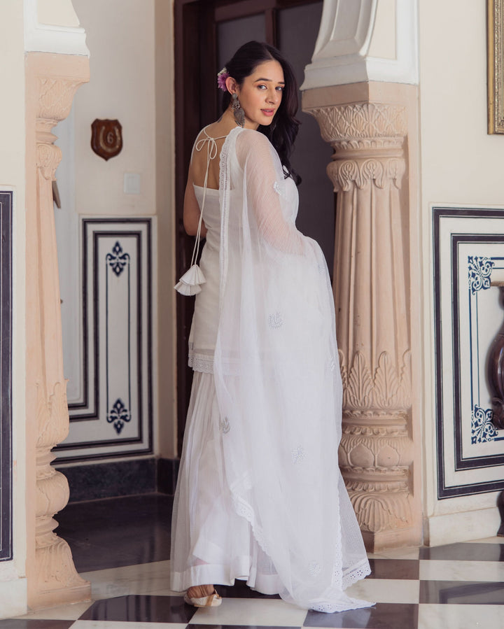 Gleaming White Embroidered Doria Sharara Set